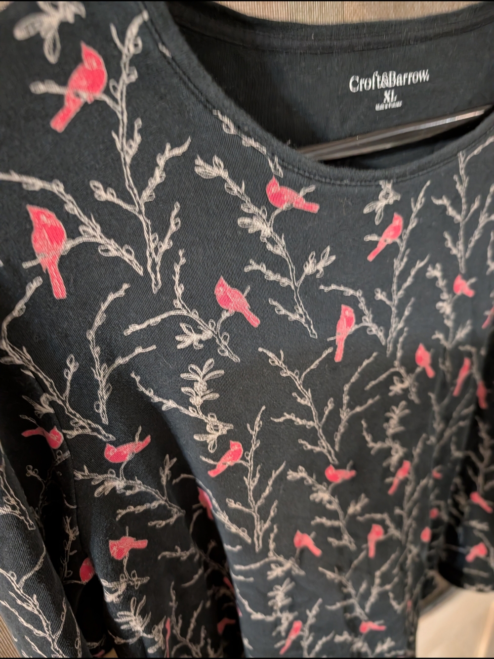 croft & barrow Red Cardinal Print Holiday Winter Black Long Sleeve Shirt XL